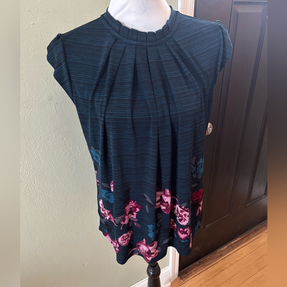 Elle Blue and Pink Cap Sleeve Pleated Blouse